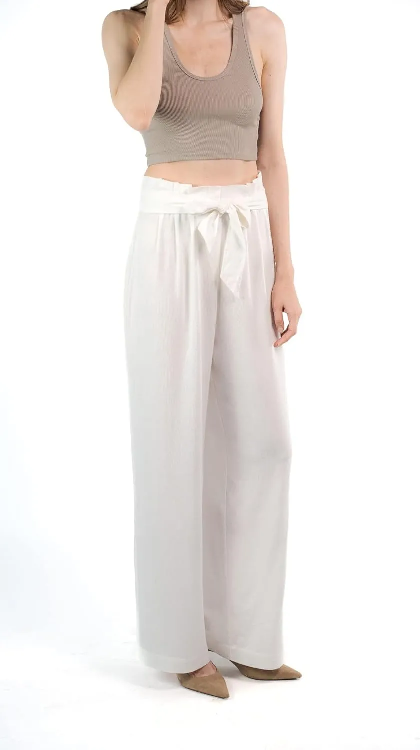 SANDY & SID Womens Linen Pants High Waist Wide Leg Fabric Tie Paperpag Trousers Summer Casual Work Beach Wear
