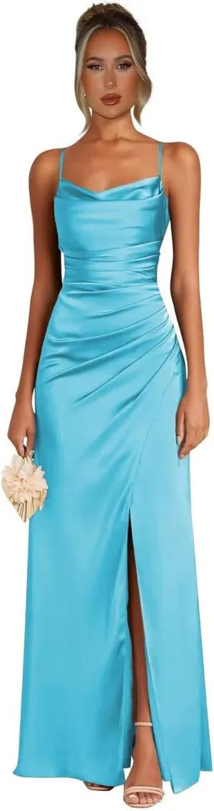 Satin Bridesmaid Dresses for Women Mermaid Prom Dress Spaghetti Strap Formal Evening Dress with Slit AP34