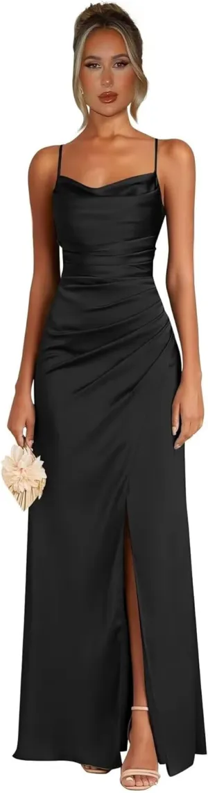 Satin Bridesmaid Dresses for Women Mermaid Prom Dress Spaghetti Strap Formal Evening Dress with Slit AP34