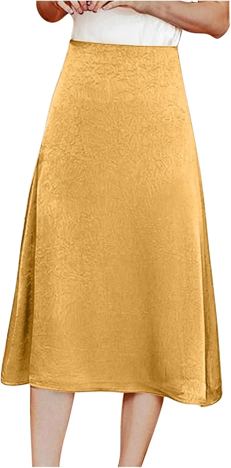Satin Midi Skirt for Women 2025 Summer Elastic High Waisted A Line Swing Skirts Casual Solid Business Work Skorts