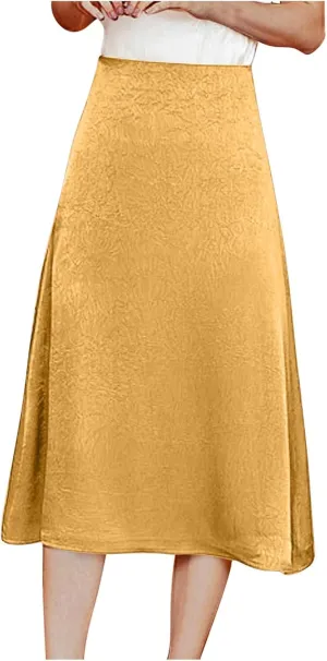 Satin Midi Skirt for Women 2025 Summer Elastic High Waisted A Line Swing Skirts Casual Solid Business Work Skorts