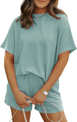 SELINK Womens 2 Piece Outfits Ribbed Textured Knit Loose Fit Tee and Shorts Set Summer Loungewear