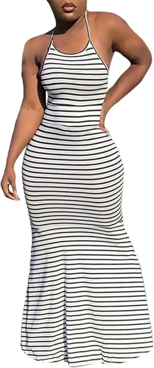 Sexy Bodycon Dress for Women Striped Strappy Backless Maxi Dress Summer Sleeveless Birthday Club Party Evening Outfits for Women Black