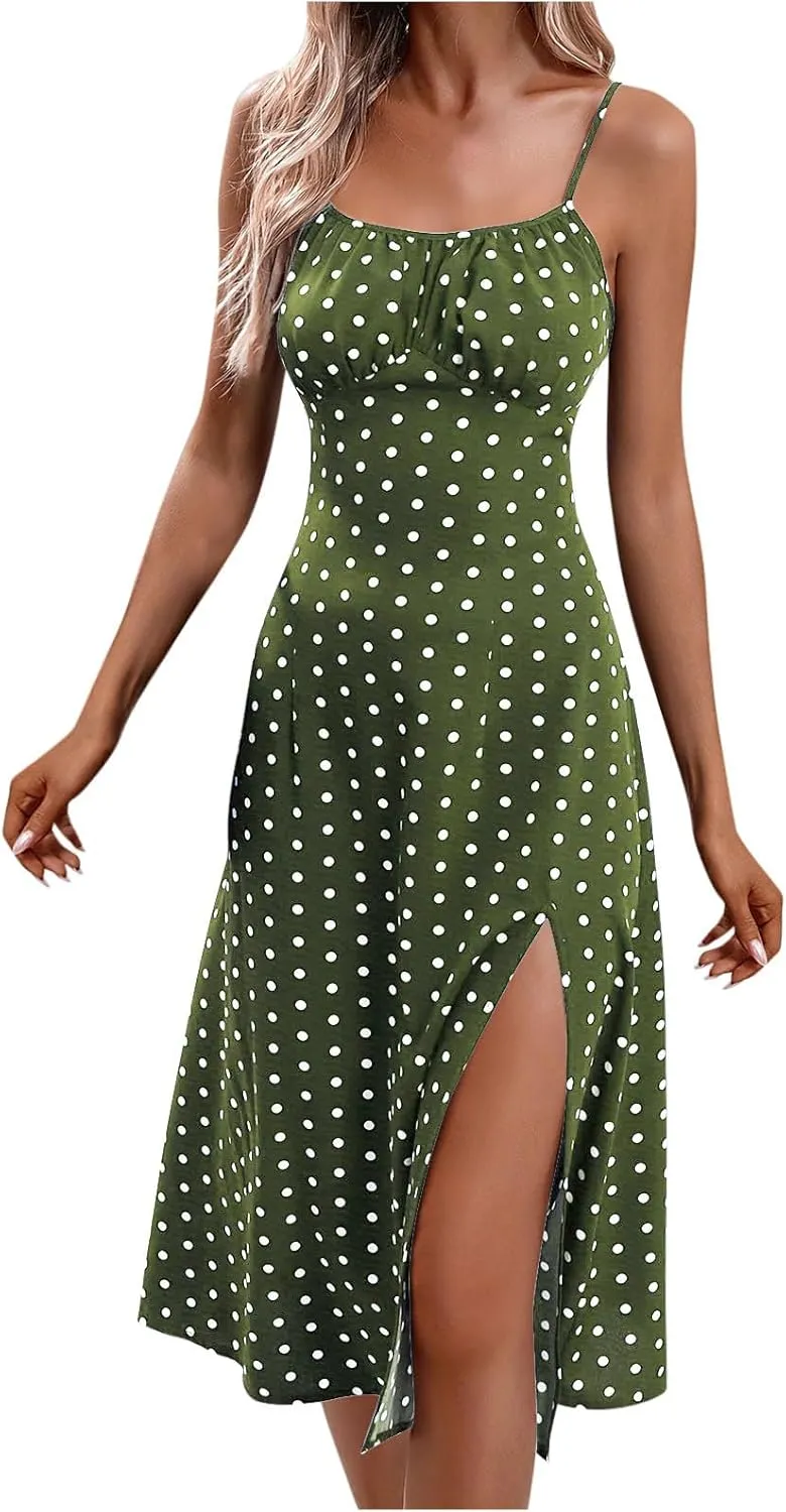 Sexy Dresses for Women Spaghetti Strap Empire Waist Side Split Summer Dresses Flowy Beach Wedding Vacation Sundress