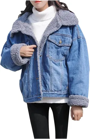 Sherpa Lined Denim Jacket Women Oversized Jean Winter Coats Faux Fur Lapel Button Down Denim Coat Warm Trucker Jacket