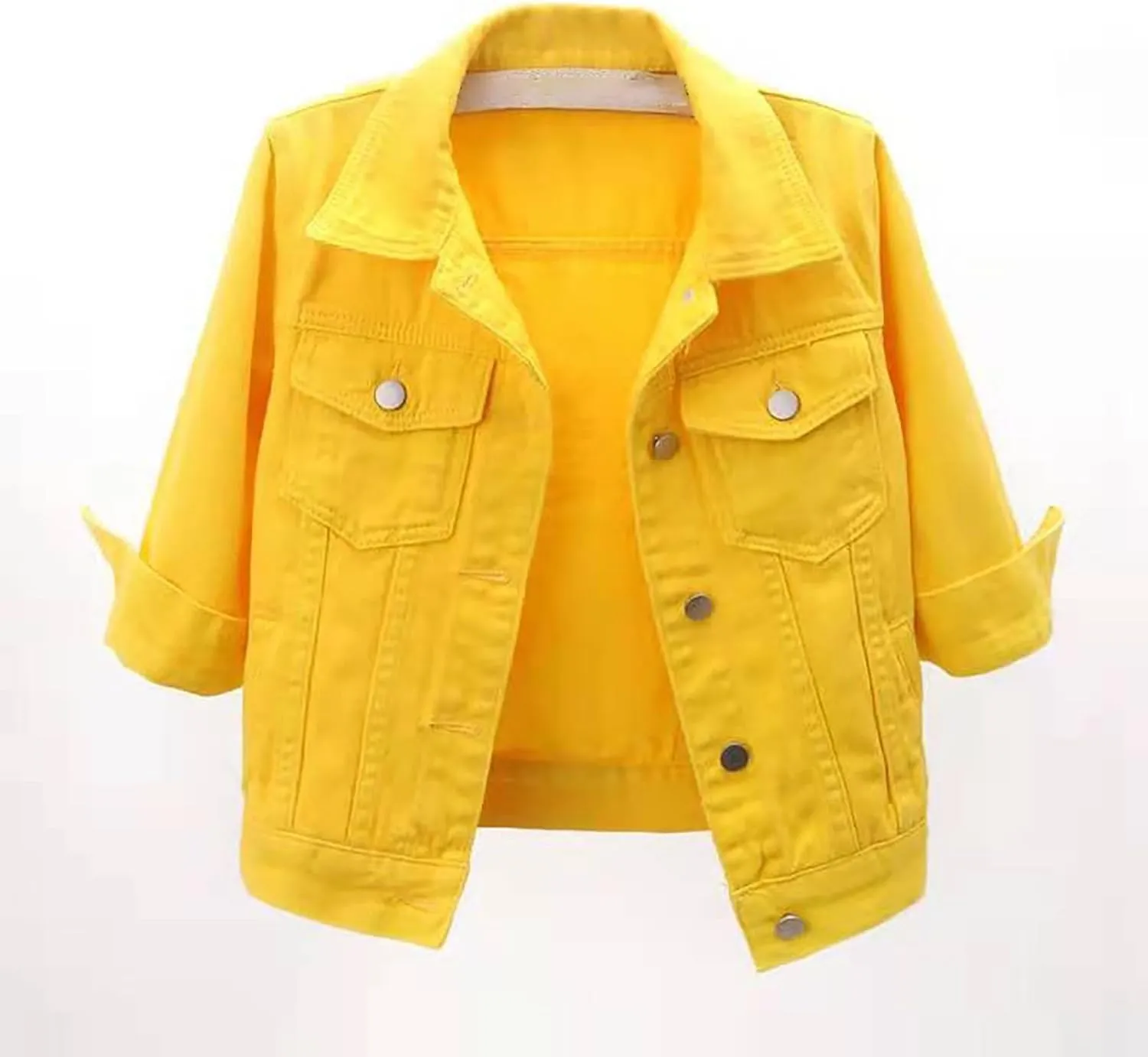 Short Sleeve Denim Jacket for Women 3/4 Sleeve Cropped Light Wash Short Jean Jacket Slim Trucker Coat Denim Tops