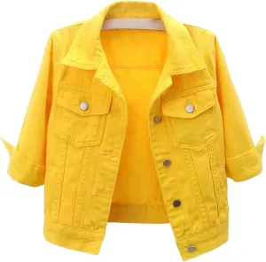 Short Sleeve Denim Jacket for Women 3/4 Sleeve Cropped Light Wash Short Jean Jacket Slim Trucker Coat Denim Tops