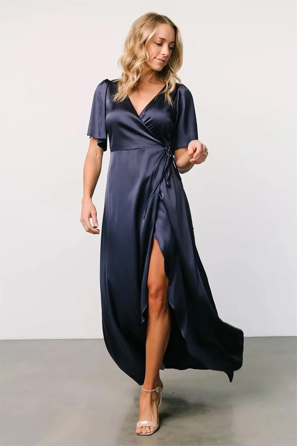 Silk Satin Bridesmaid Dresses for Women Warp Cap Sleeves Long Wedding Guest Prom Gown with Slit