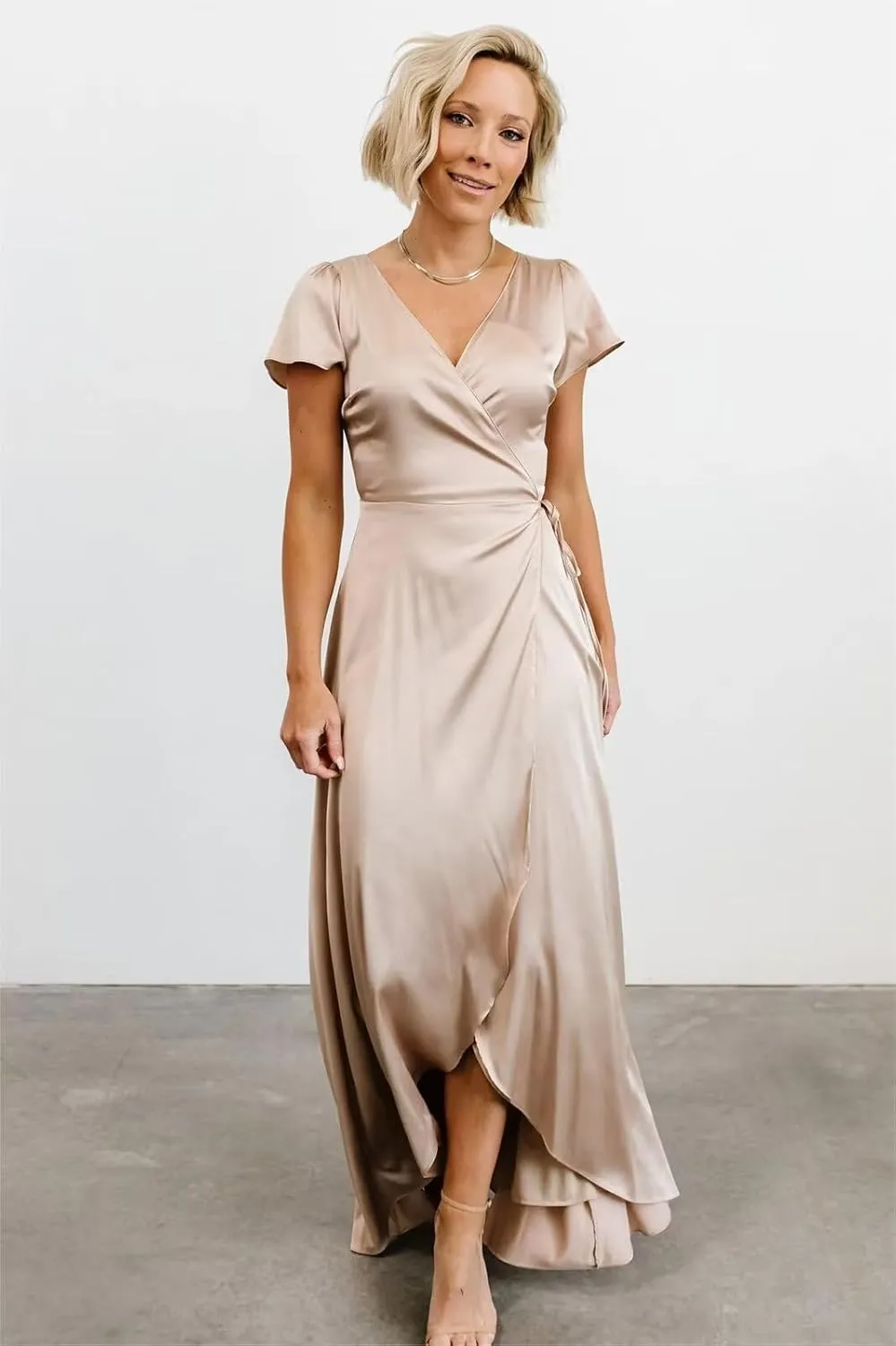 Silk Satin Bridesmaid Dresses for Women Warp Cap Sleeves Long Wedding Guest Prom Gown with Slit