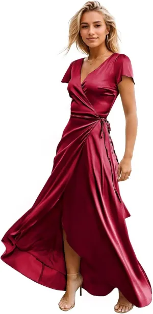 Silk Satin Bridesmaid Dresses for Women Warp Cap Sleeves Long Wedding Guest Prom Gown with Slit