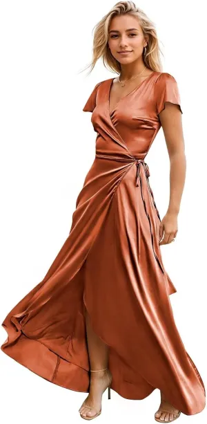 Silk Satin Bridesmaid Dresses for Women Warp Cap Sleeves Long Wedding Guest Prom Gown with Slit