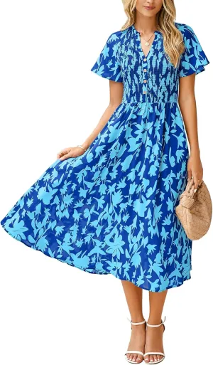 Simplee Floral Smocked Midi Dress V Neck Short Sleeve Empire Waist A Line Boho Beach Dress