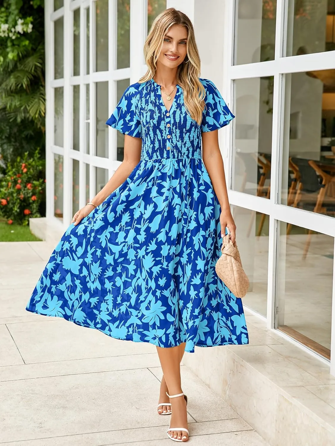 Simplee Floral Smocked Midi Dress V Neck Short Sleeve Empire Waist A Line Boho Beach Dress