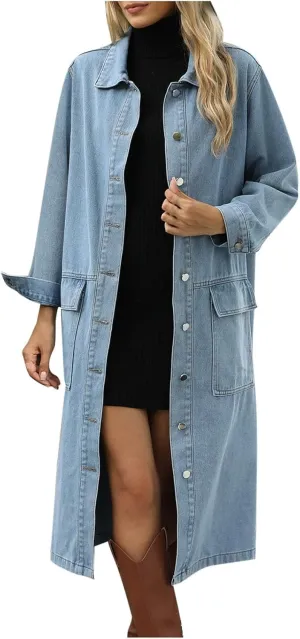 Sinzelimin Women Mid-Length Denim Jacket Fashion Solid Color Button Jean Cardigan Long Sleeves Loose Casual Outwear Coat Tops