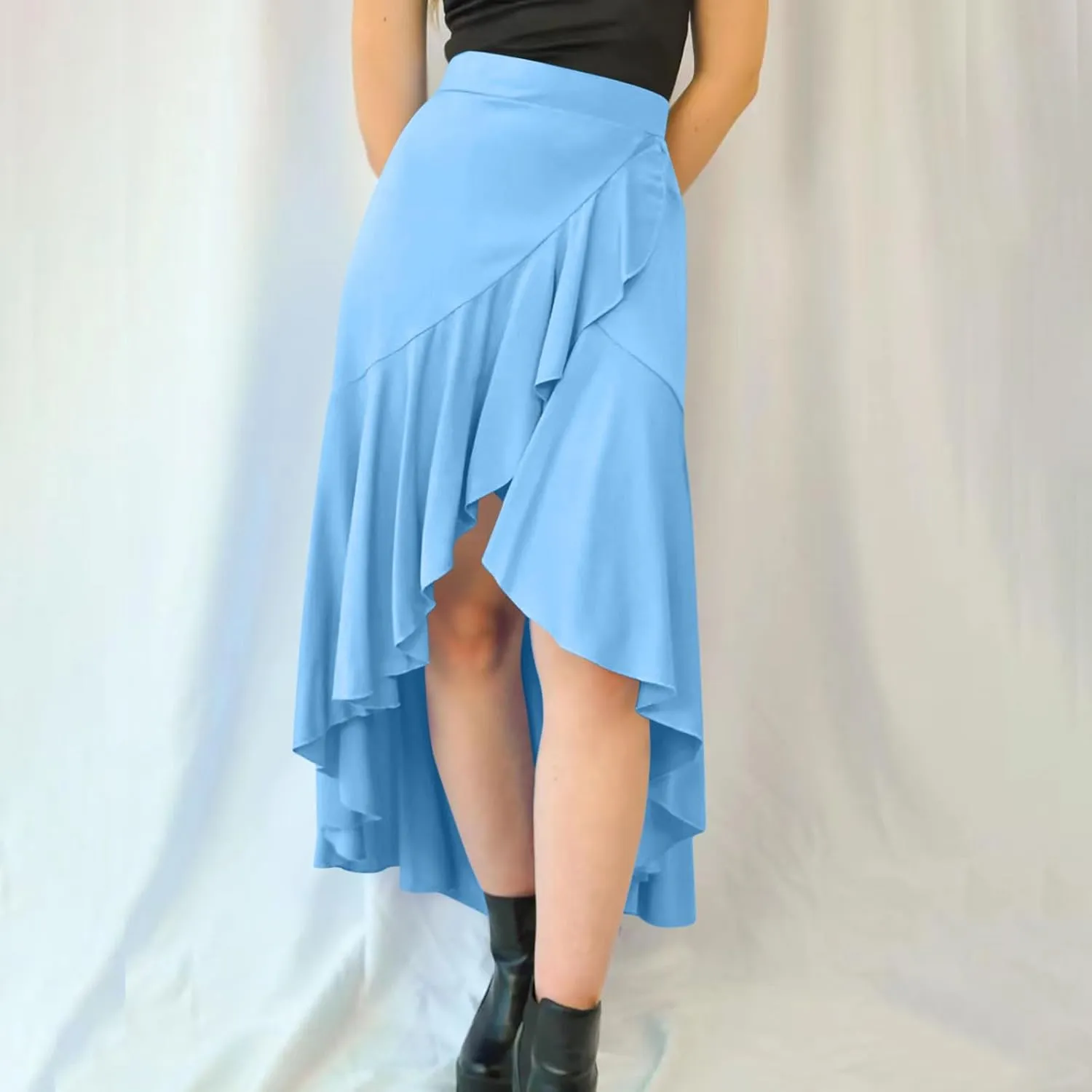 Skirts for Women High Waist Front Asymmetrical Ruffle Skirt Streetwear Flowy Tiered A-Line Pleated Ice Silk Skirts