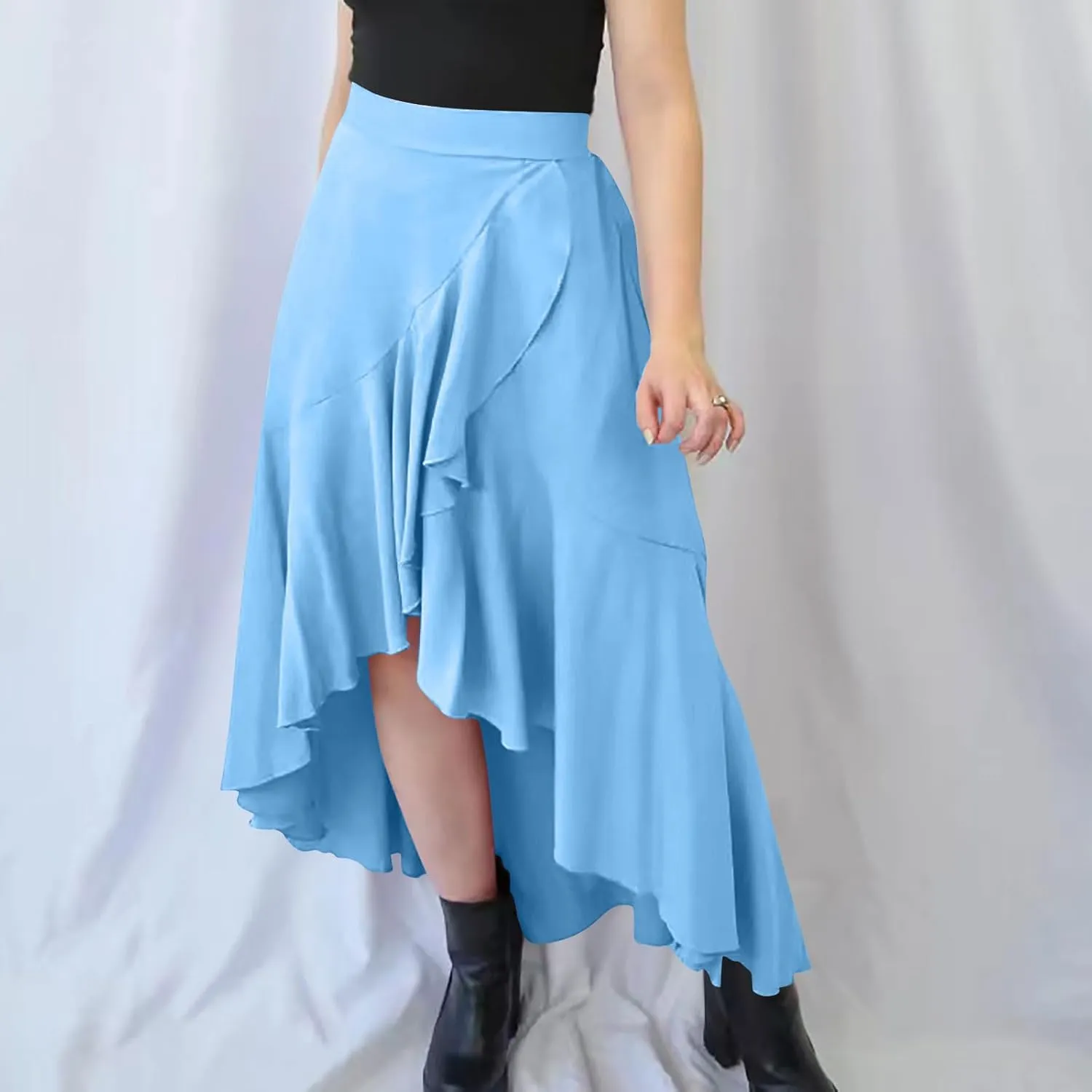 Skirts for Women High Waist Front Asymmetrical Ruffle Skirt Streetwear Flowy Tiered A-Line Pleated Ice Silk Skirts
