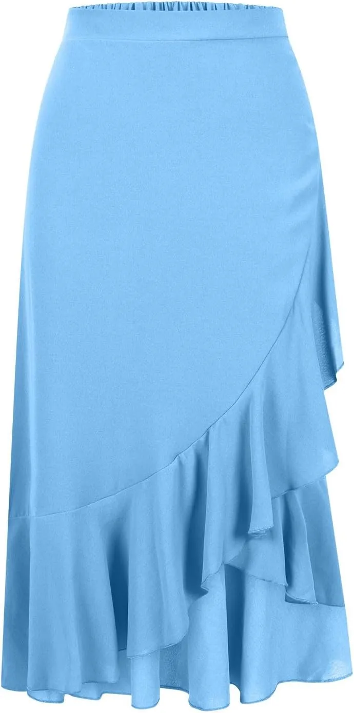 Skirts for Women High Waist Front Asymmetrical Ruffle Skirt Streetwear Flowy Tiered A-Line Pleated Ice Silk Skirts