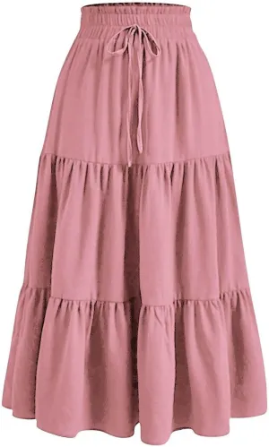 Skirts for Women Summer Boho Maxi Skirt Flowy Ruffle Tiered Elastic High Waist Smocked Dresses Beach Casual Dress