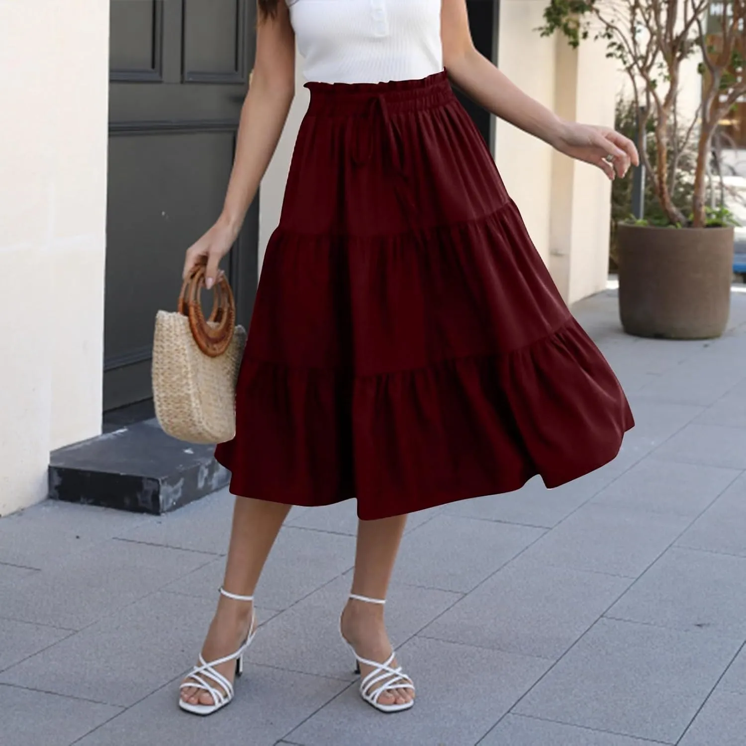 Skirts for Women Summer Flowy Tiered Elastic High Waisted Skirt Vacation A-Line Swing Long Floral Midi Skirts