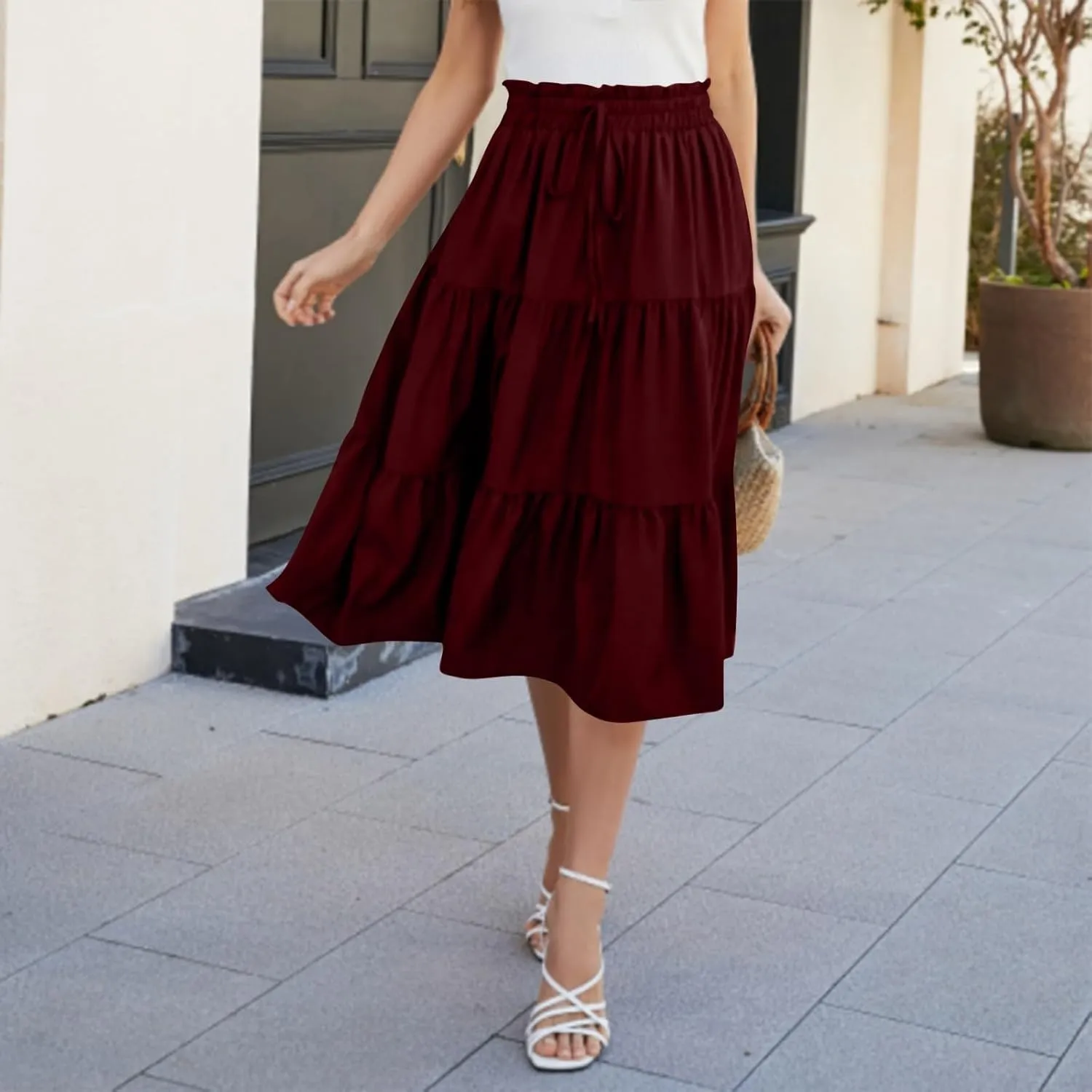 Skirts for Women Summer Flowy Tiered Elastic High Waisted Skirt Vacation A-Line Swing Long Floral Midi Skirts