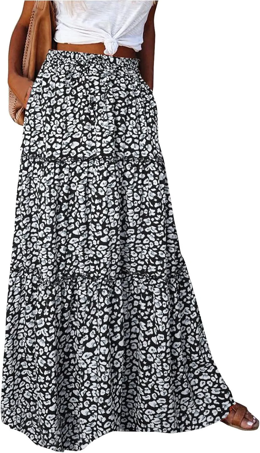 Skirts for Women Summer Flowy Tiered Elastic High Waisted Skirt Vacation Swing Long Floral Maxi Skirts
