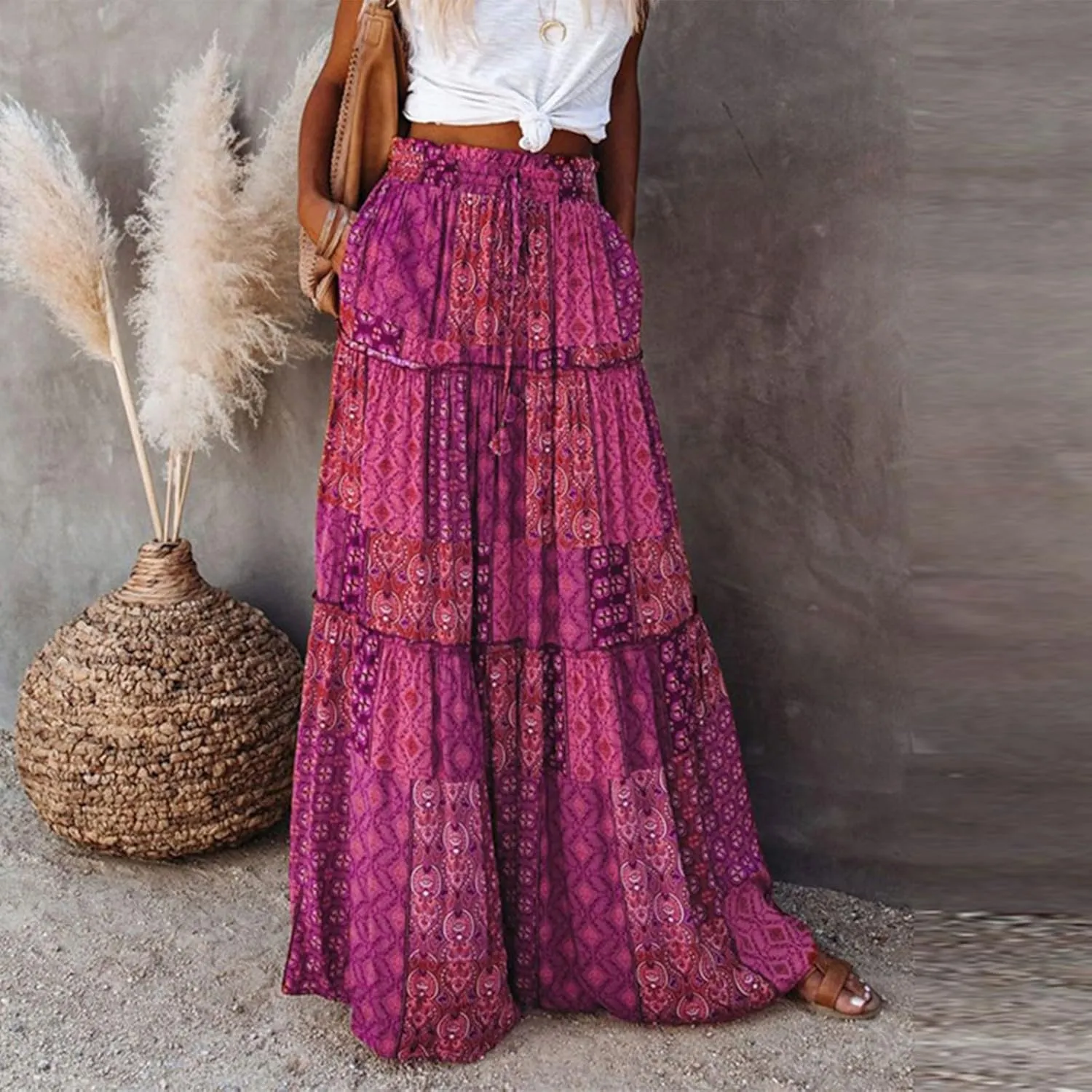 Skirts for Women Summer Flowy Tiered Elastic High Waisted Skirt Vacation Swing Long Floral Maxi Skirts
