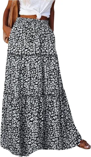 Skirts for Women Summer Flowy Tiered Elastic High Waisted Skirt Vacation Swing Long Floral Maxi Skirts