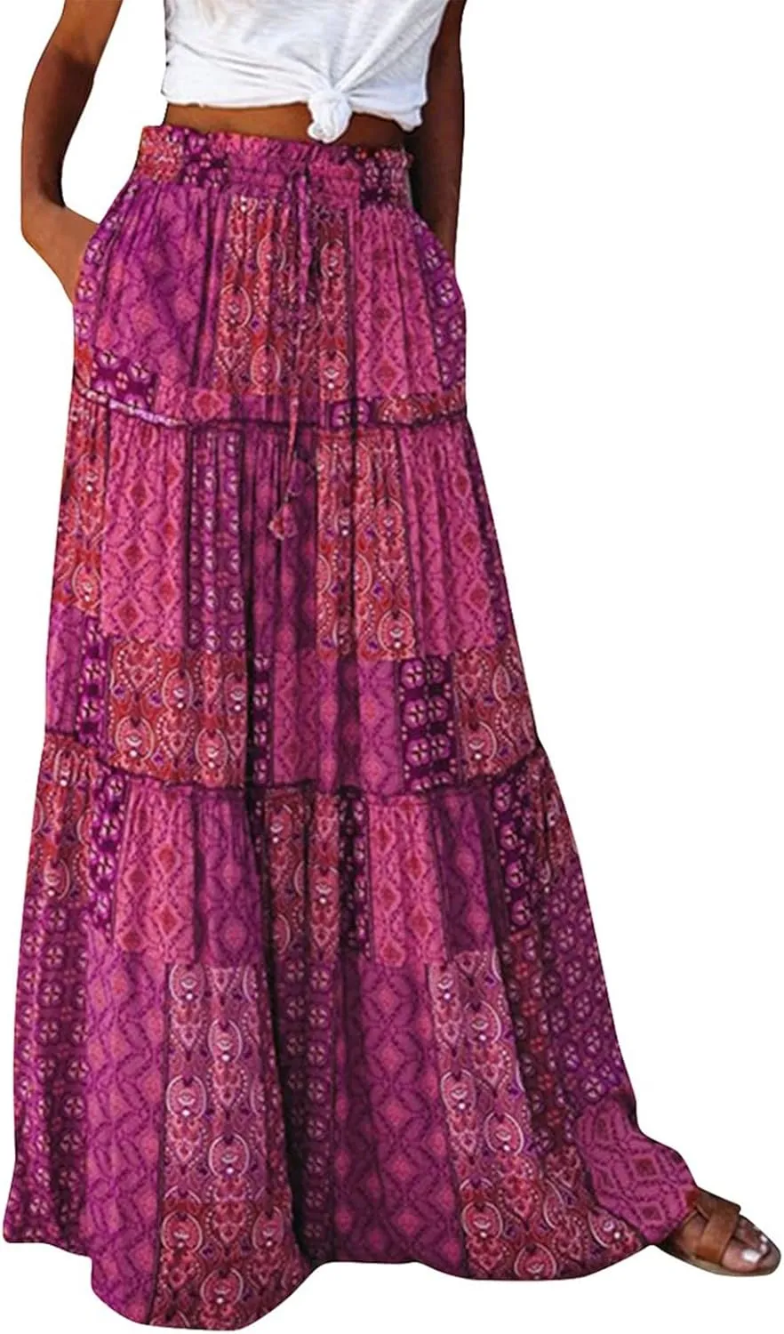 Skirts for Women Summer Flowy Tiered Elastic High Waisted Skirt Vacation Swing Long Floral Maxi Skirts