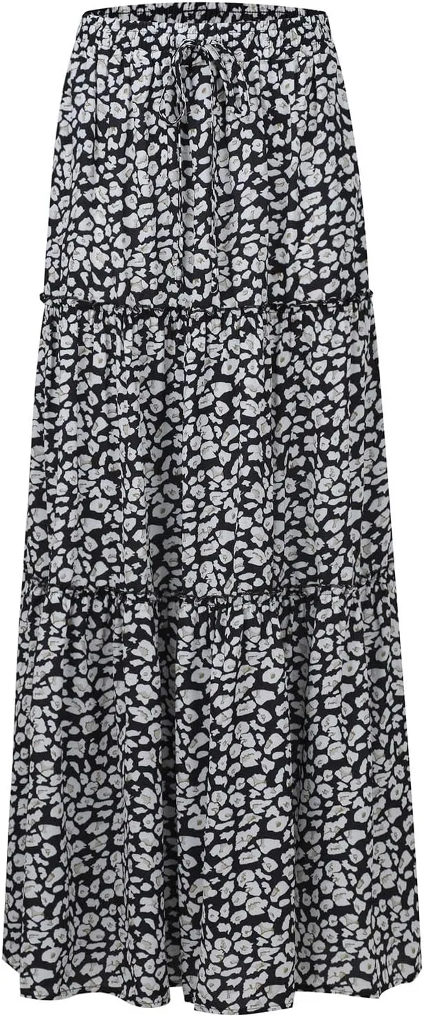 Skirts for Women Summer Flowy Tiered Elastic High Waisted Skirt Vacation Swing Long Floral Maxi Skirts