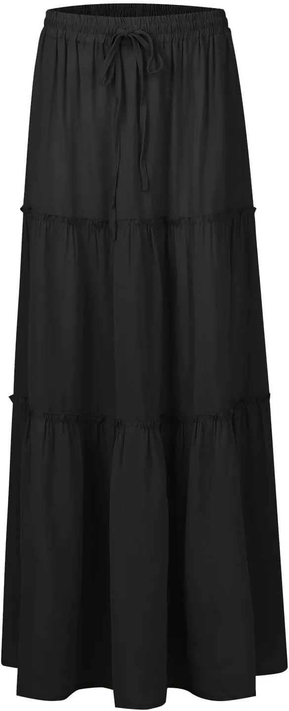 Skirts for Women Summer Flowy Tiered Elastic High Waisted Skirt Vacation Swing Long Solid/Floral Maxi Skirts