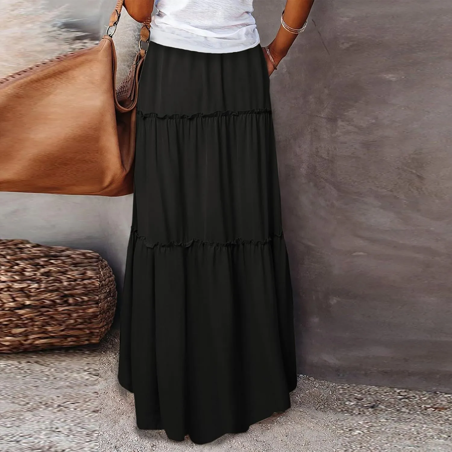 Skirts for Women Summer Flowy Tiered Elastic High Waisted Skirt Vacation Swing Long Solid/Floral Maxi Skirts