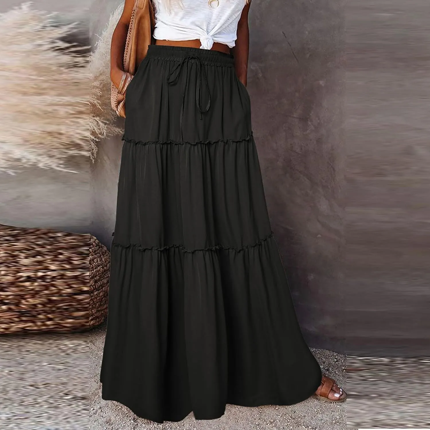 Skirts for Women Summer Flowy Tiered Elastic High Waisted Skirt Vacation Swing Long Solid/Floral Maxi Skirts