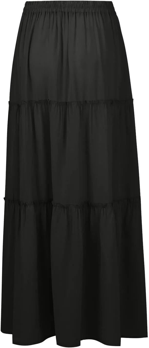 Skirts for Women Summer Flowy Tiered Elastic High Waisted Skirt Vacation Swing Long Solid/Floral Maxi Skirts