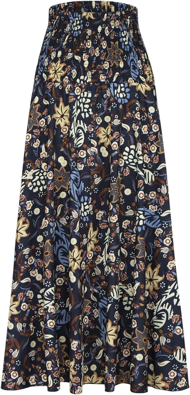 Skirts for Women Trendy Ruffle Smocked High Waist Stretch Bohemian Skirts Fashion Vintage Floral Boho Maxi Skirts
