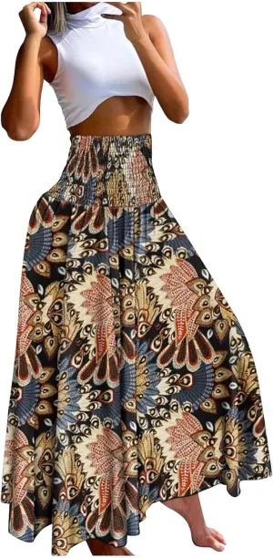 Skirts for Women Trendy Ruffle Smocked High Waist Stretch Bohemian Skirts Fashion Vintage Floral Boho Maxi Skirts