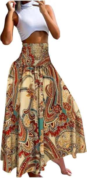 Skirts for Women Trendy Ruffle Smocked High Waist Stretch Bohemian Skirts Fashion Vintage Floral Boho Maxi Skirts