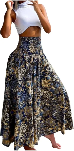 Skirts for Women Trendy Ruffle Smocked High Waist Stretch Bohemian Skirts Fashion Vintage Floral Boho Maxi Skirts