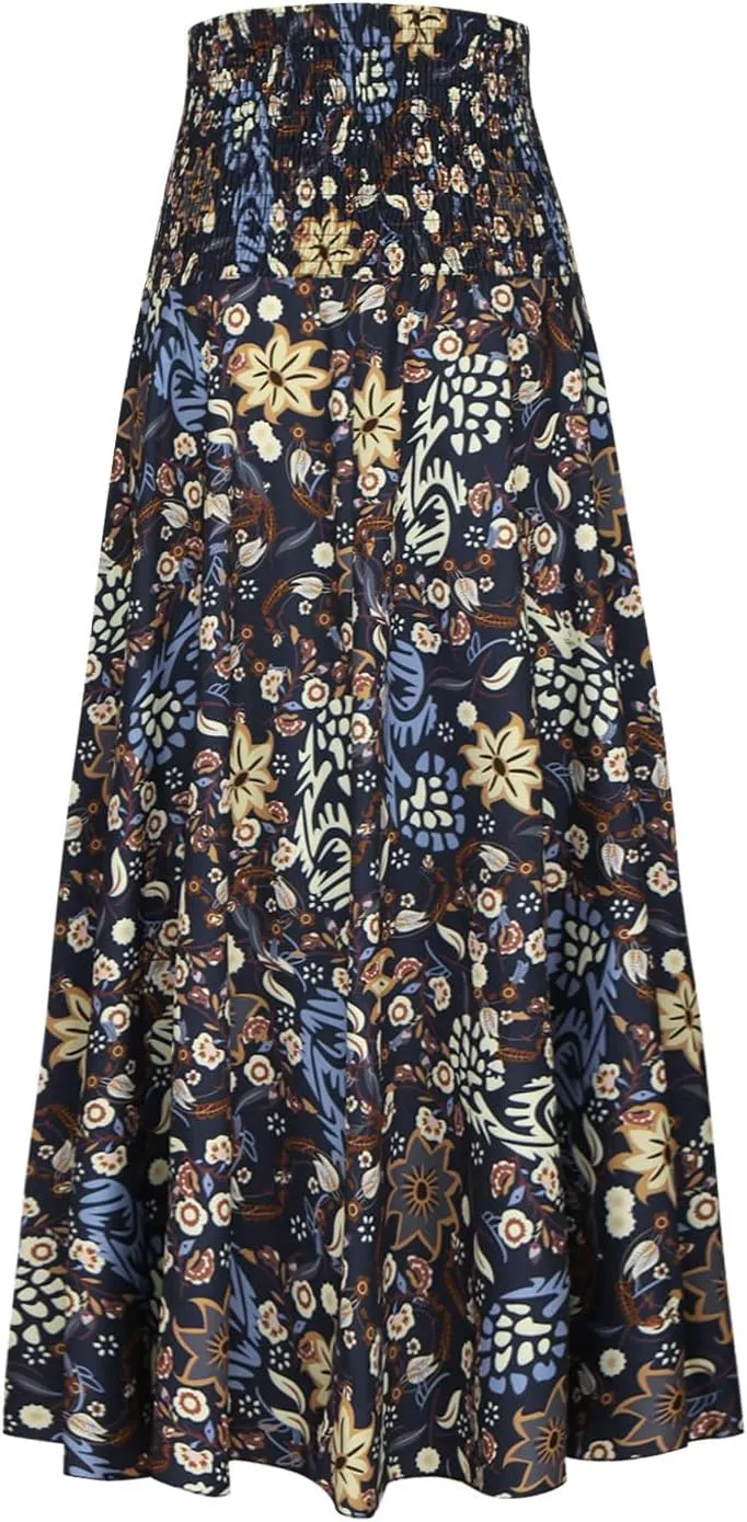 Skirts for Women Trendy Ruffle Smocked High Waist Stretch Bohemian Skirts Fashion Vintage Floral Boho Maxi Skirts