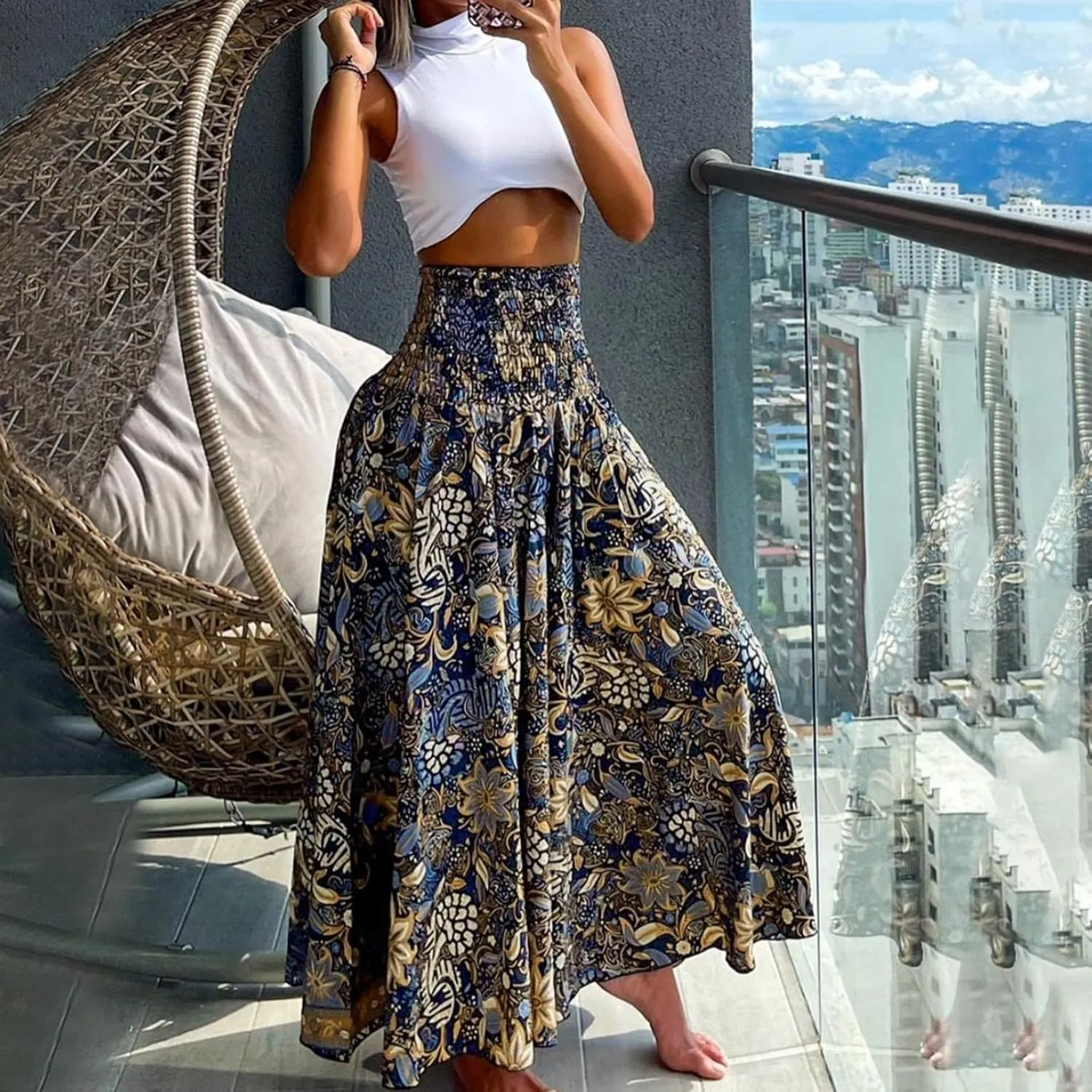 Skirts for Women Trendy Ruffle Smocked High Waist Stretch Bohemian Skirts Fashion Vintage Floral Boho Maxi Skirts