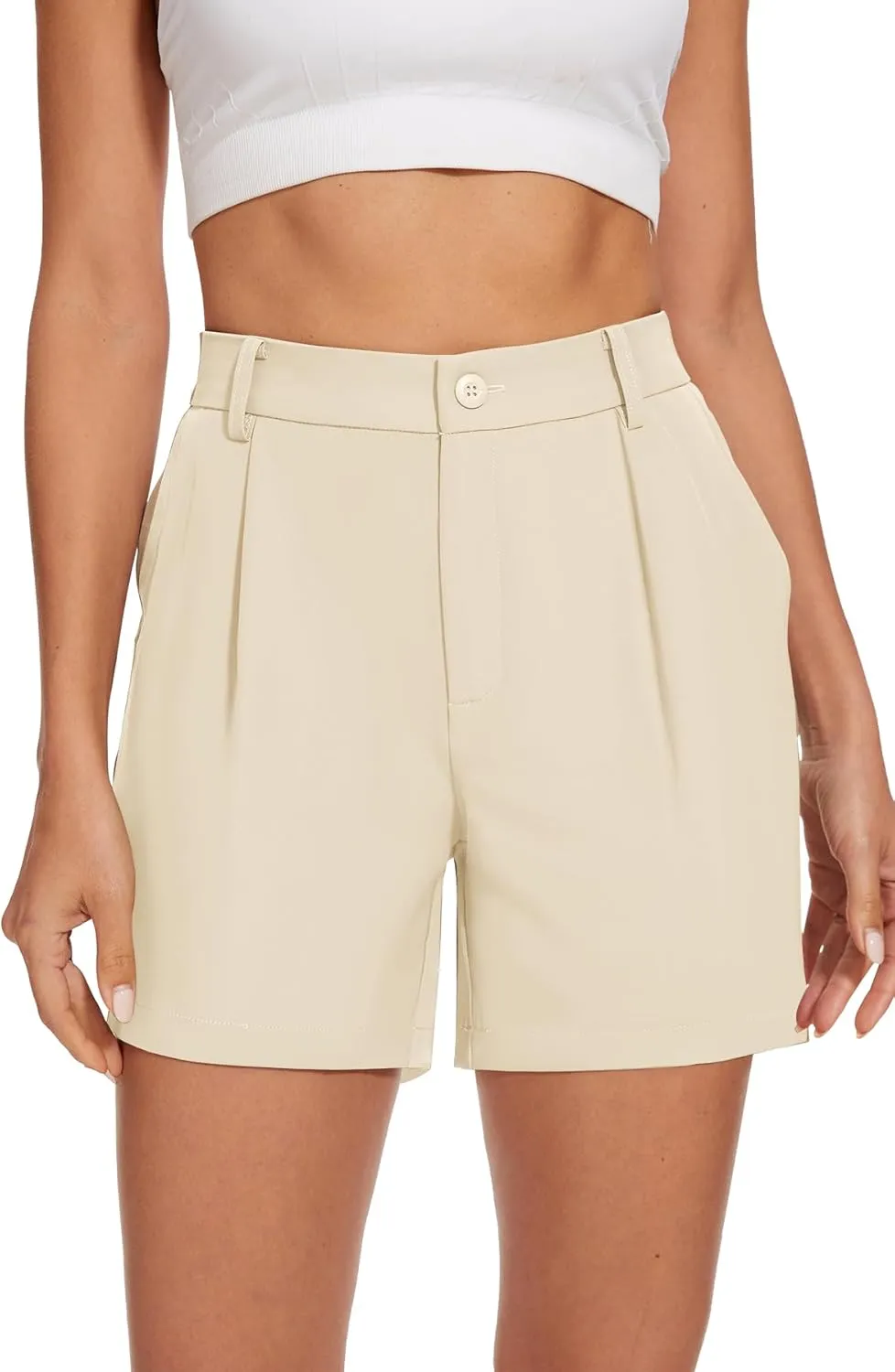 SMENG Women's Dressy Casual Shorts High Waisted 5inch Tailored Elastic Pleated Soft 2025 Trendy Summer Shorts Pockets