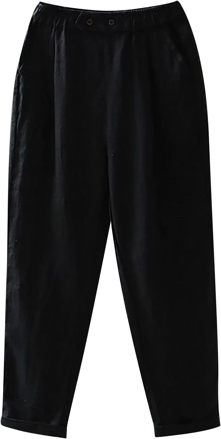 Solid Color Linen Pants Woman Casual Loung Pants Summer Loose Fitting Pants High Waisted Wide Leg Pants Sweatpants