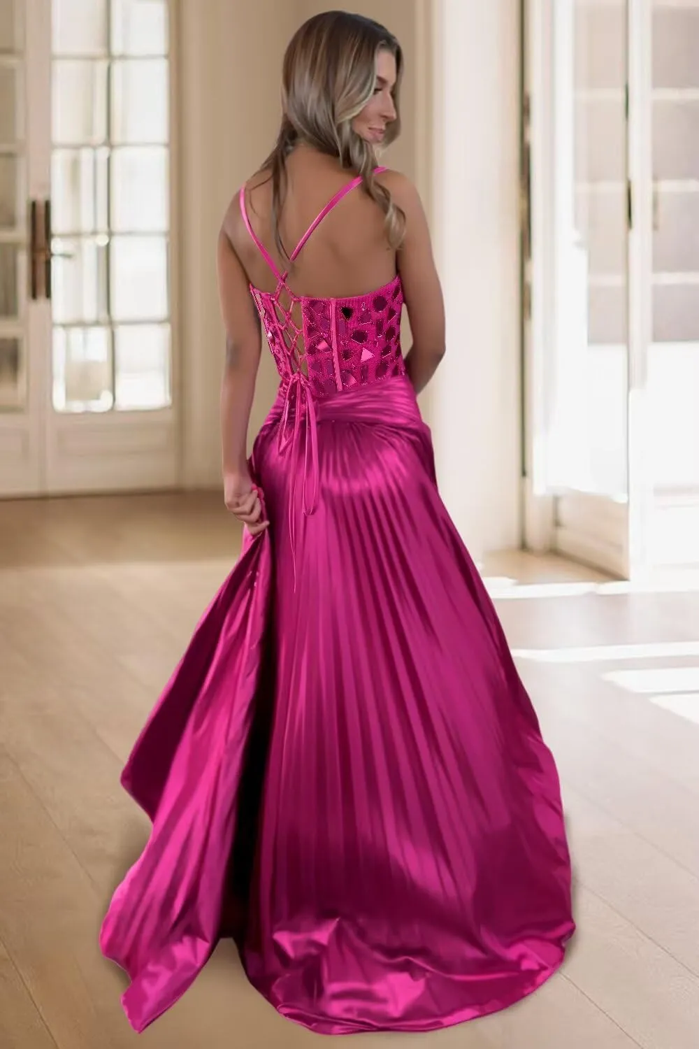 Sparkle Satin Prom Dresses with Slit Spaghetti Straps Mirror Cut Corset Ball Gowns A Line Formal Evning Gowns XOD0437