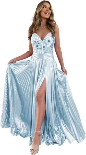Sparkle Satin Prom Dresses with Slit Spaghetti Straps Mirror Cut Corset Ball Gowns A Line Formal Evning Gowns XOD0437