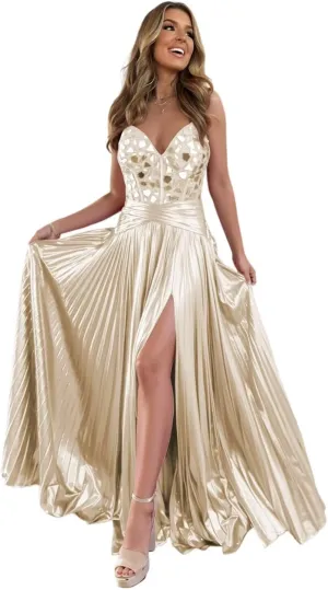 Sparkle Satin Prom Dresses with Slit Spaghetti Straps Mirror Cut Corset Ball Gowns A Line Formal Evning Gowns XOD0437