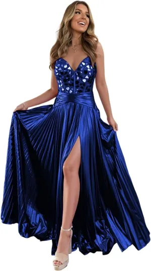 Sparkle Satin Prom Dresses with Slit Spaghetti Straps Mirror Cut Corset Ball Gowns A Line Formal Evning Gowns XOD0437