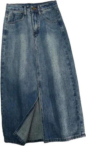 Spring Split Denim Women's Long Skirts Button High Waist Jeans Wrap A-Line Skirts