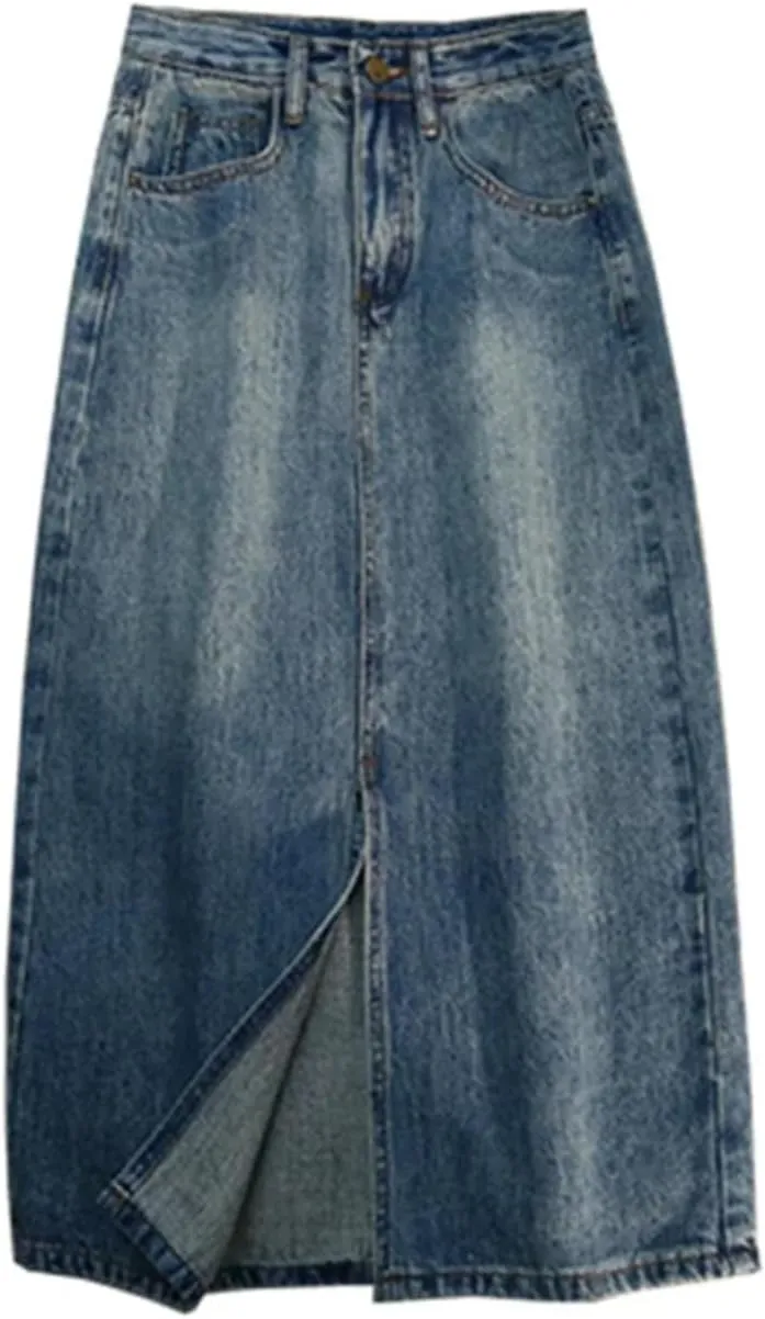 Spring Split Denim Women's Long Skirts Button High Waist Jeans Wrap A-Line Skirts