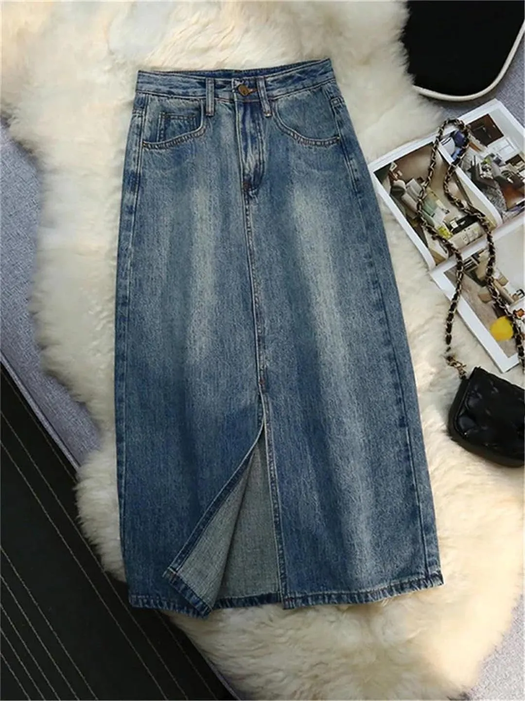 Spring Split Denim Women's Long Skirts Button High Waist Jeans Wrap A-Line Skirts