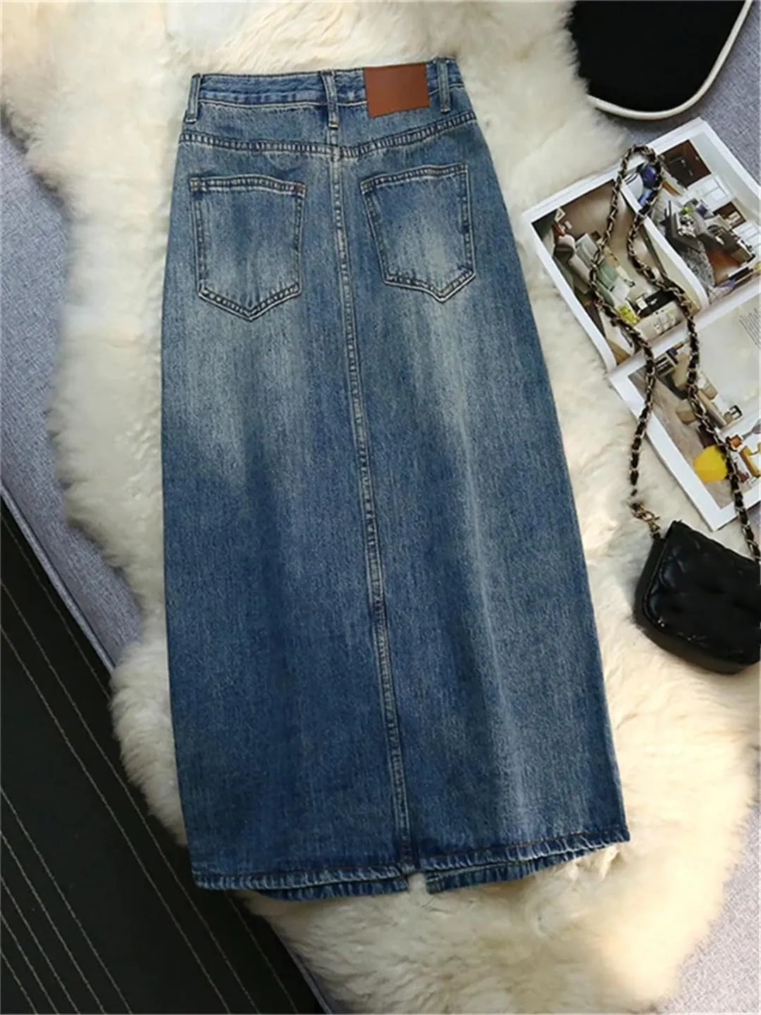 Spring Split Denim Women's Long Skirts Button High Waist Jeans Wrap A-Line Skirts