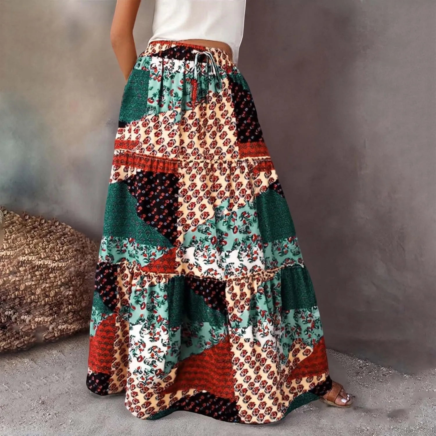 Summer Boho Skorts for Women 2025 Patchwork Ruffled Tiered Flowy Skirt Vacation Trendy Loose High Waist A Line Dress